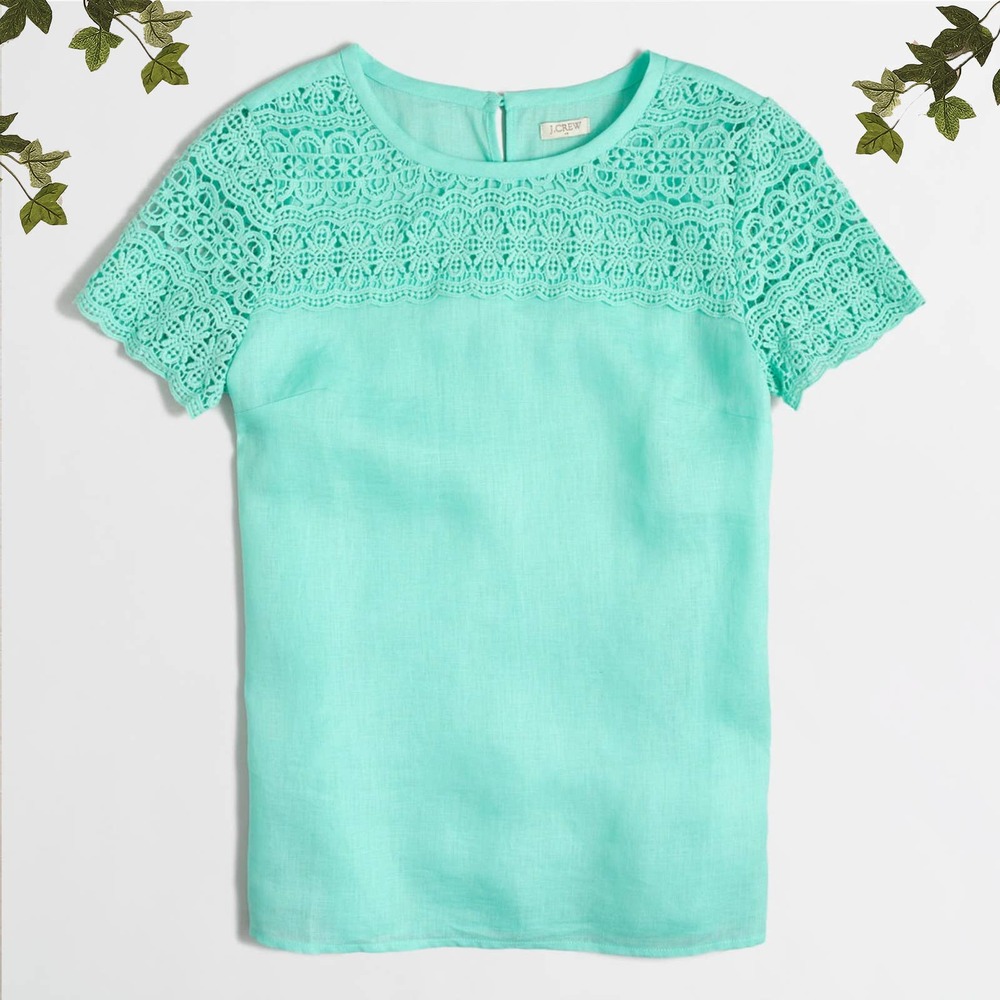 J. Crew Mint Green Lace Linen Key Hole Blouse, 0